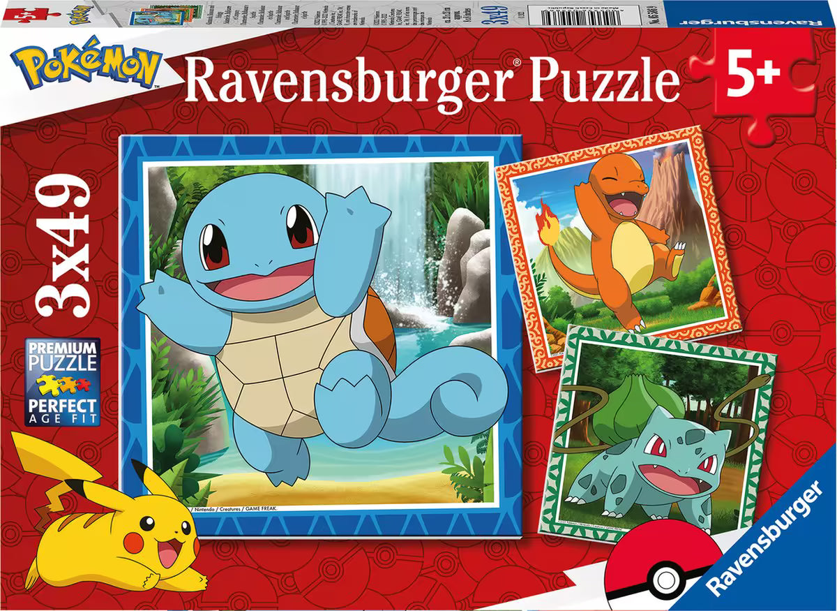 Voorkant van Ravensburger Pokemon puzzel doos met Squirtle, Charmander en Bulbasaur illustraties in kleurrijke stijl.