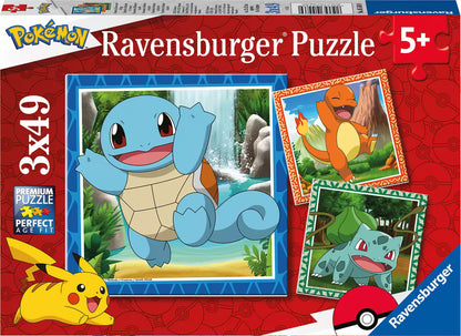 Voorkant van Ravensburger Pokemon puzzel doos met Squirtle, Charmander en Bulbasaur illustraties in kleurrijke stijl.