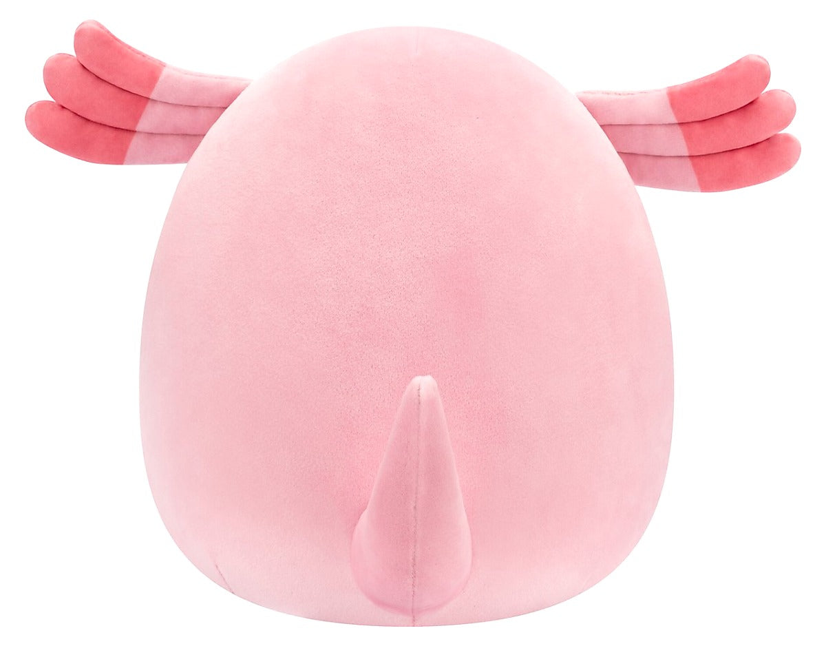Achterzijde van de Pokémon Squishmallow Chansey knuffel in zacht roze pluche, ronde vorm, zonder verpakking, voor kinderen.