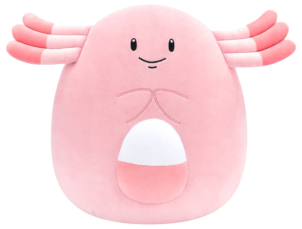 Frontaal aanzicht van de Pokémon Squishmallow Chansey knuffel, zachte Squishmallows pluche Pokémon knuffel voor kinderen.