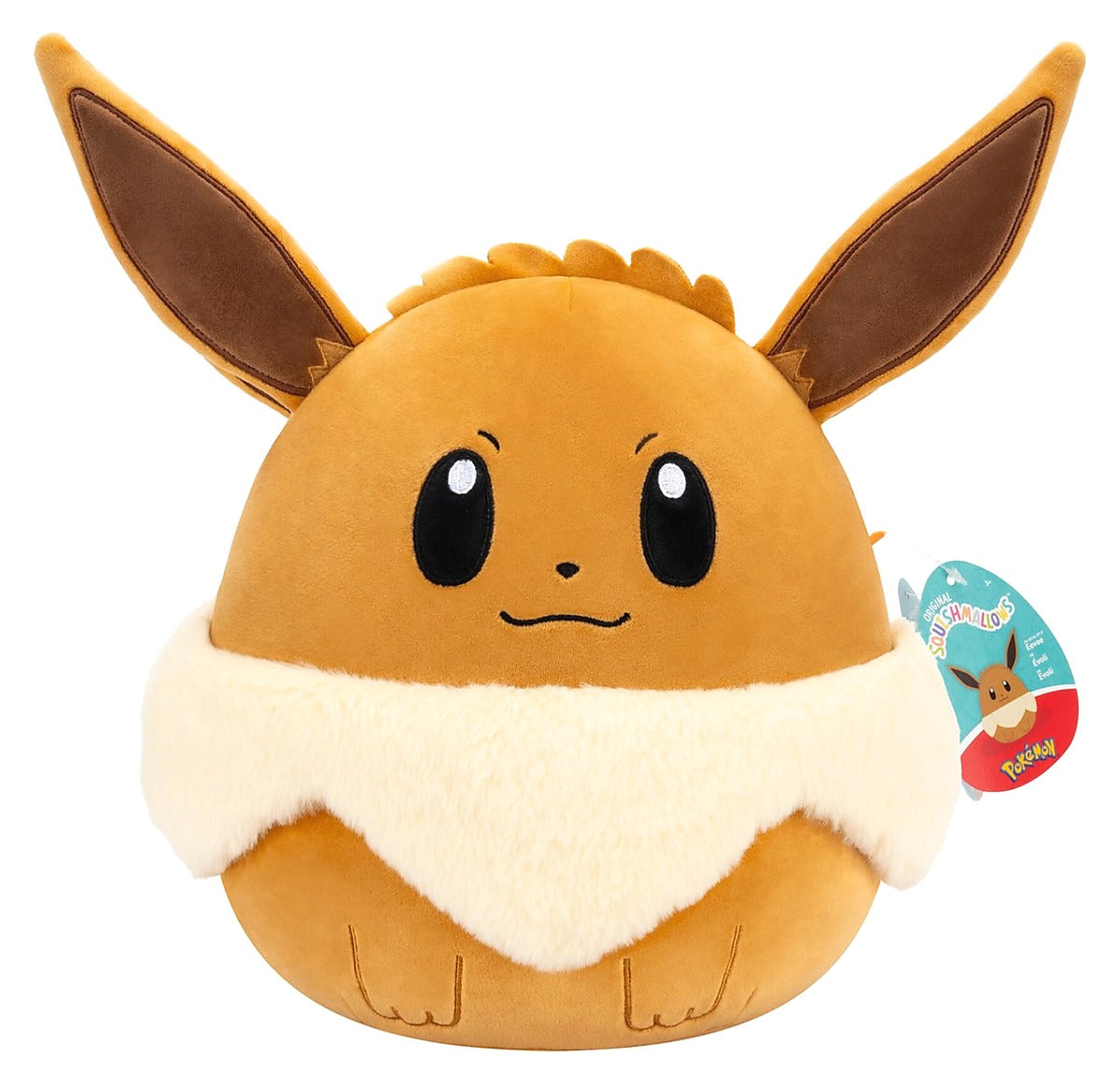 Pokémon Squishmallow Eevee knuffel in bruin en crème, Squishmallow knuffel voor kinderen, vooraanzicht.