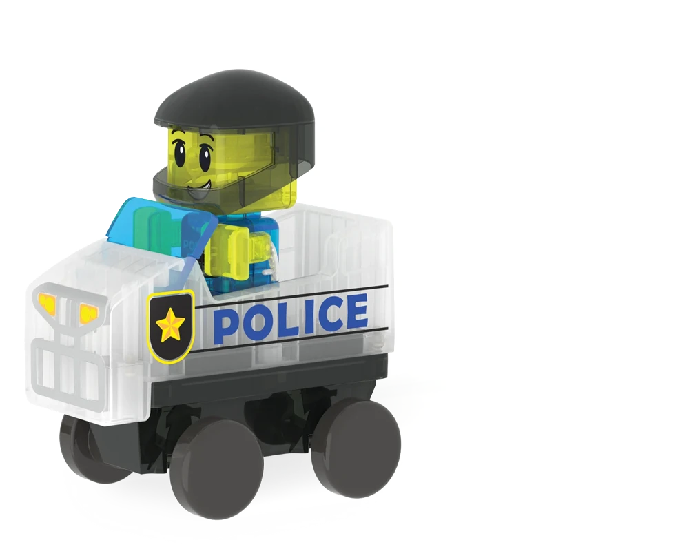 Politiefiguur met helm uit magnetisch speelgoed van Magna Tiles Police Patrol met 20 magnetische tegels.