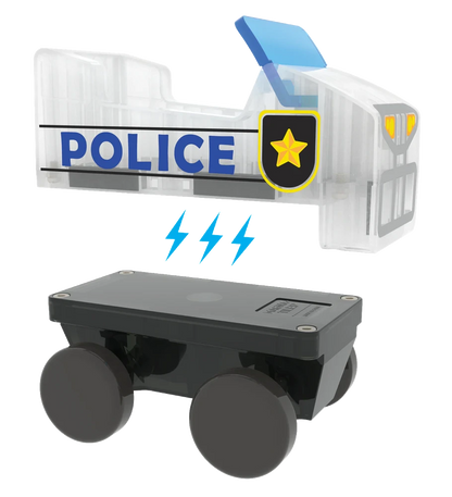 Magneet speelgoed politiewagen met figuurtje van politieagent uit de Magnetic Magna Tiles Police Patrol set.