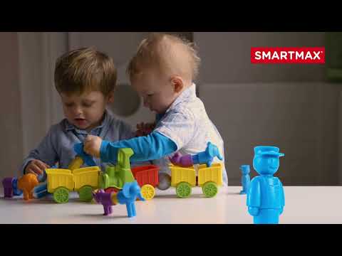 Kinderen bouwen SmartMax My First Animal Train met magnetische wagons, olifant en leeuw, STEM speelgoed