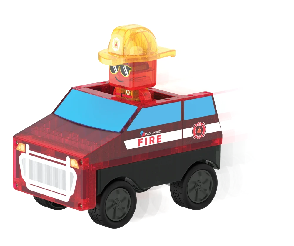 Rode pull-back brandweerauto van Magna Tiles Fire Station, met magnetische onderdelen en MicroMAGS poppetje.