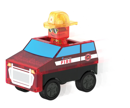 Rode pull-back brandweerauto van Magna Tiles Fire Station, met magnetische onderdelen en MicroMAGS poppetje.
