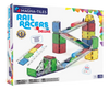 Voorzijde verpakking van magnetic Magna-Tiles Rail Racers Deluxe set met 90 magnetische tegels, knikkerbaan, en knikkers