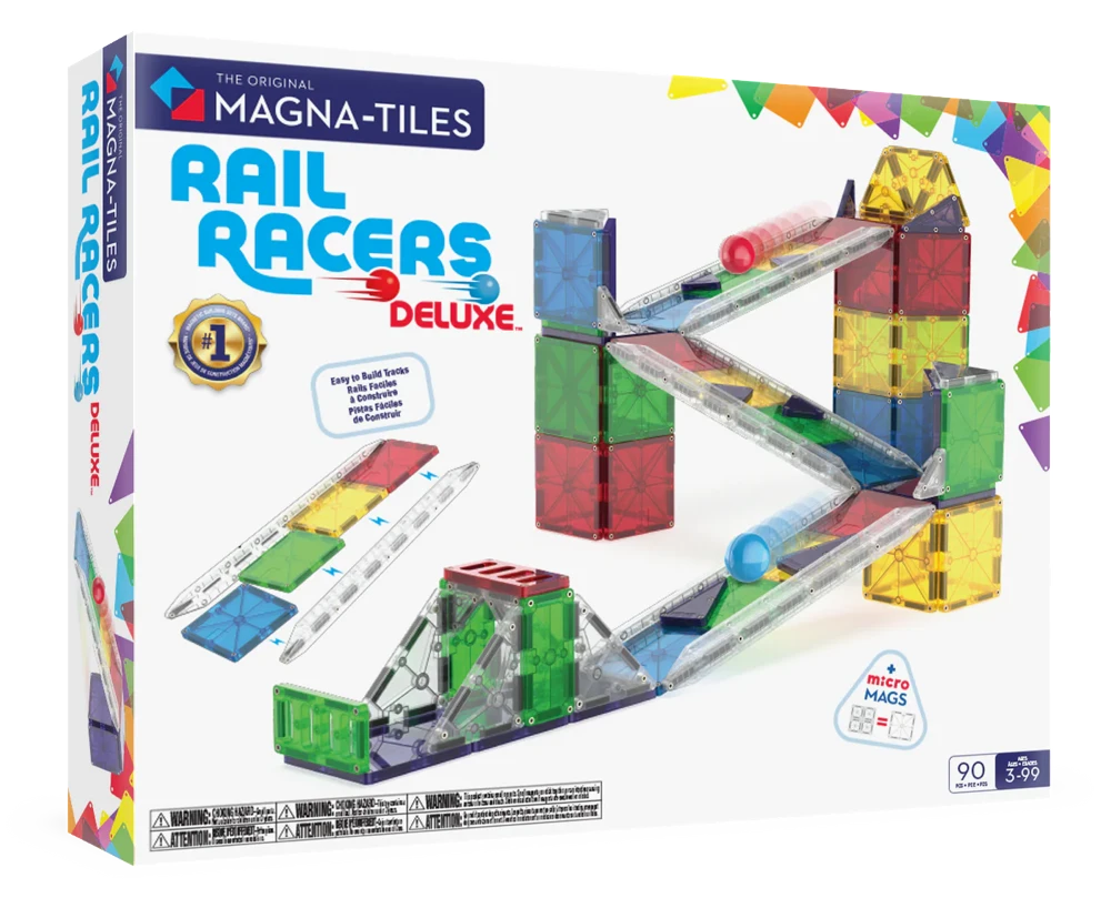 Voorzijde verpakking van magnetic Magna-Tiles Rail Racers Deluxe set met 90 magnetische tegels, knikkerbaan, en knikkers