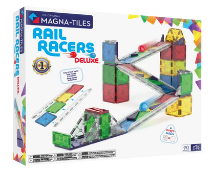 Voorzijde verpakking van magnetic Magna-Tiles Rail Racers Deluxe set met 90 magnetische tegels, knikkerbaan, en knikkers