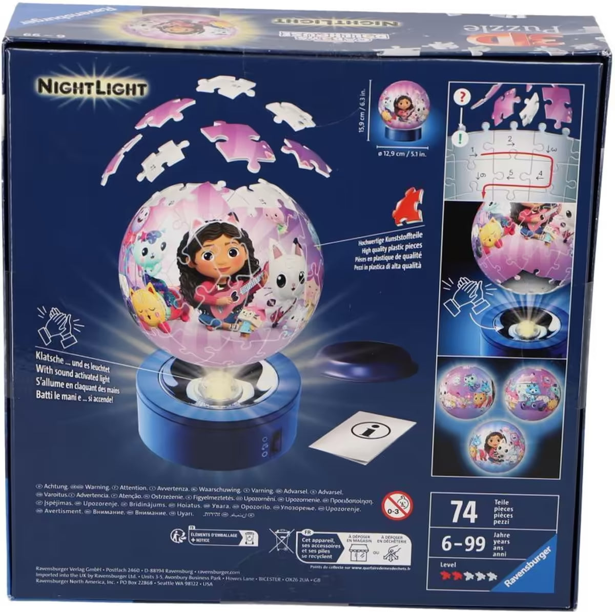 Achterzijde Ravensburger 3D puzzel Gabby’s Dollhouse met 74 stukjes en uitleg nachtlampje kind.