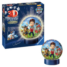 Voorkant van Ravensburger 3D puzzel Paw Patrol, stevig nachtlampje kind met vrolijk design.