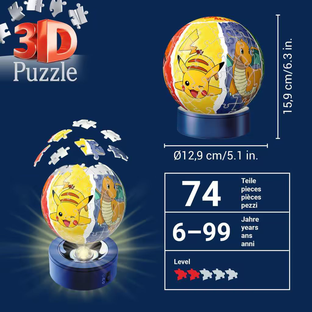Ravensburger 3D puzzel Pokémon nachtlampje kind met 74 stukjes, geschikt vanaf 6 jaar, kleurrijke lamp.