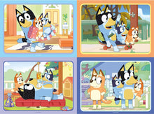 Voorkant Ravensburger 4-in-1 puzzel Bluey met Bandit en Bingo, doos met vier vrolijke kinderpuzzels vanaf 3 jaar.
