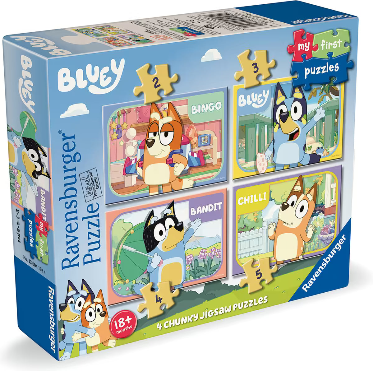 Ravensburger 4-in-1 puzzel Bluey verpakking, kleurrijke doos met afbeeldingen van alle gezinsleden, ideaal voor peuters vanaf 18 maanden.