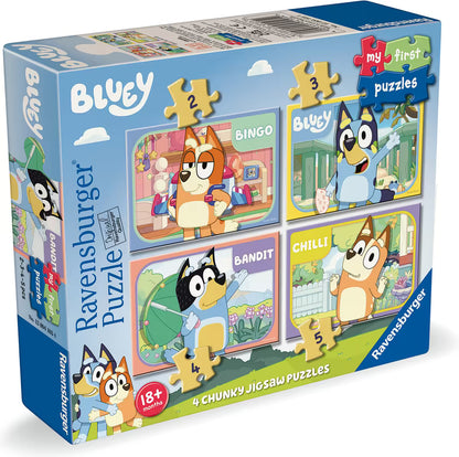 Ravensburger 4-in-1 puzzel Bluey verpakking, kleurrijke doos met afbeeldingen van alle gezinsleden, ideaal voor peuters vanaf 18 maanden.