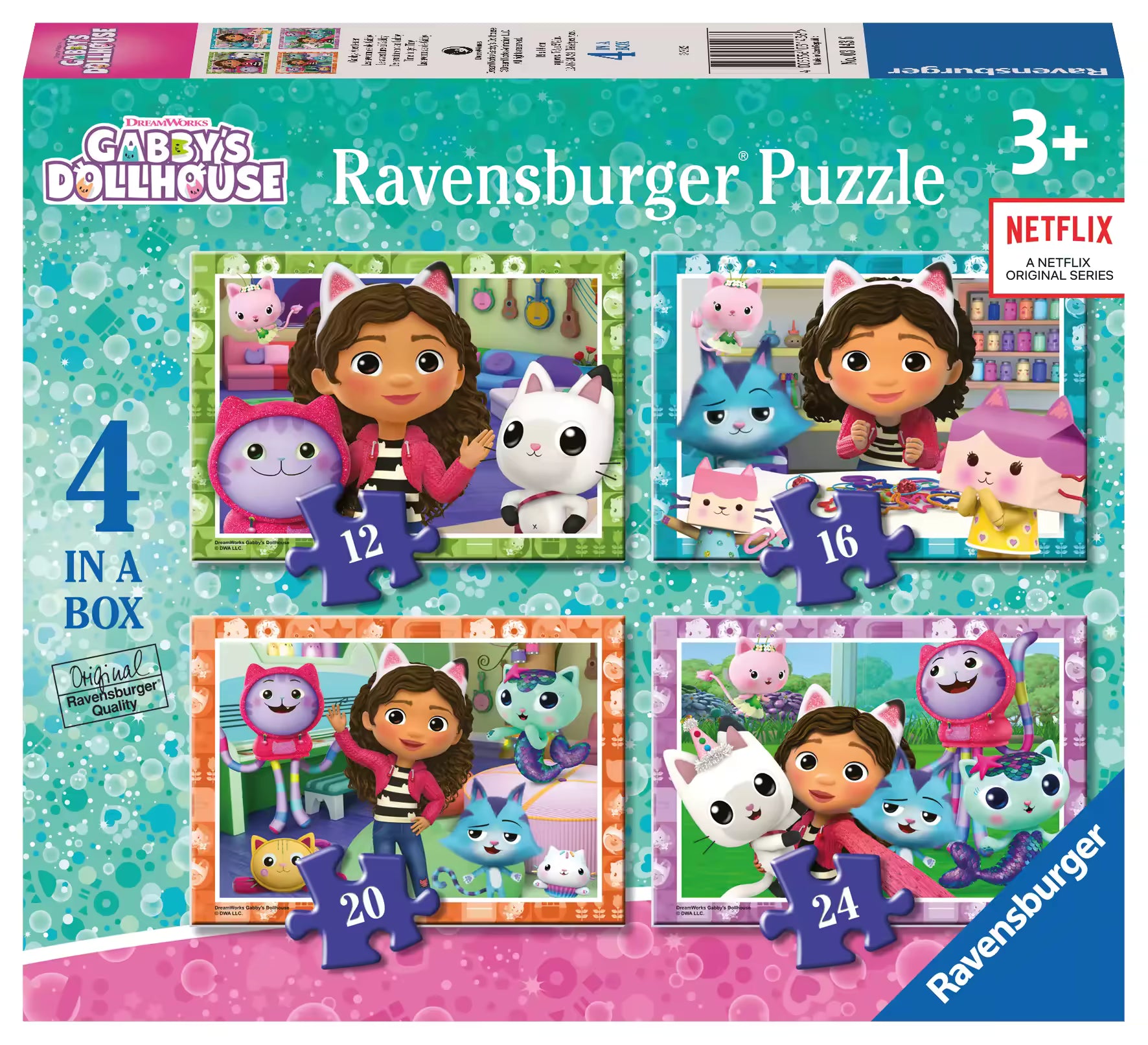 Voorkant doos Ravensburger 4-in-1 puzzel Gabby’s Dollhouse met kleurrijke afbeeldingen en 12 tot 24 stukjes.
