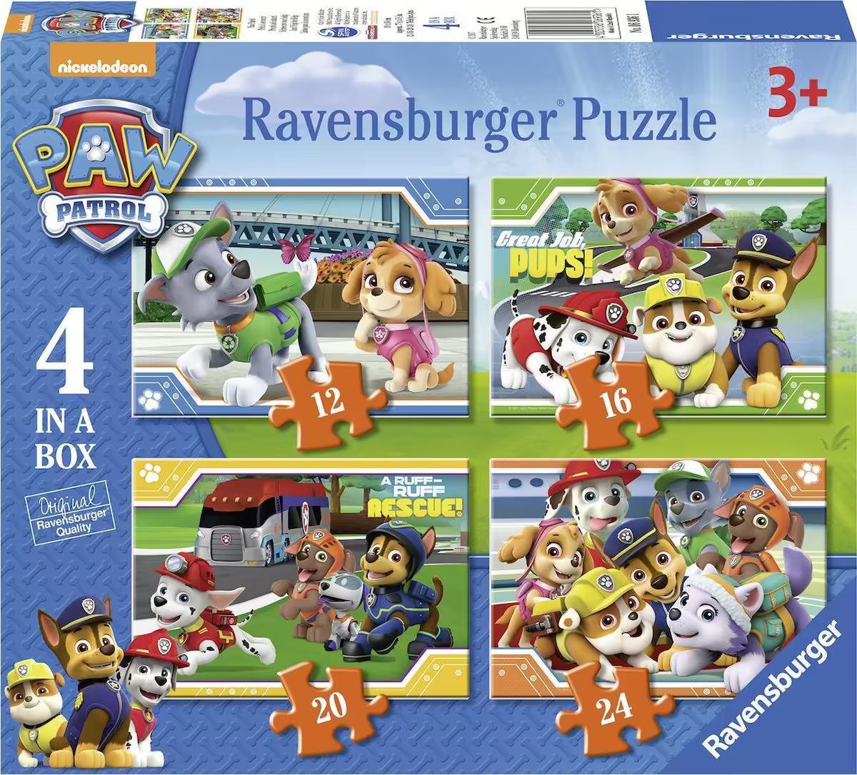 Ravensburger 4-in-1 puzzel PAW Patrol met 12, 16, 20 en 24 stukjes, perfect leerzaam speelgoed voor kinderen.
