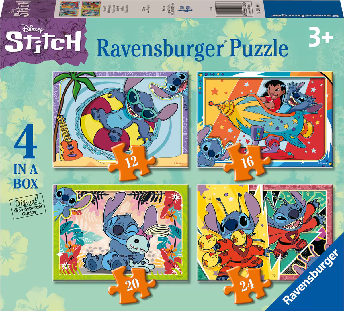 Voorkant van Ravensburger 4-in-1 puzzel Stitch, kleurrijke kindvriendelijke illustraties, geschikt voor peuters en kinderen.