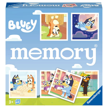 Voorkant van Ravensburger Bluey memory doos, kleurrijk educatief speelgoed voor kinderen vanaf 3 jaar.