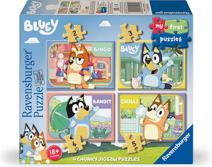 Voorkant van Ravensburger Bluey my first puzzel, 4-in-1 set met Bluey, Bingo, Bandit en Chilli, geschikt voor peuters vanaf 18 maanden.