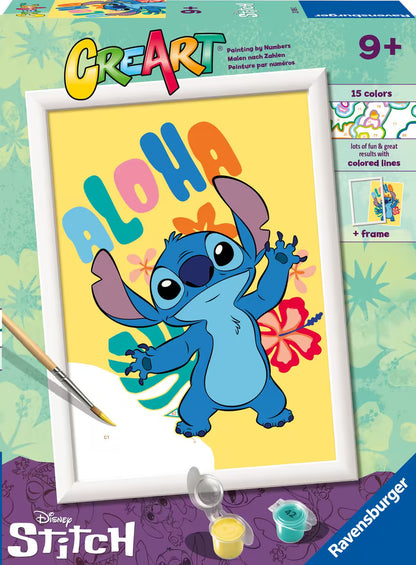 Voorzijde verpakking Ravensburger CreArt Aloha Stitch schilderen op nummer, kleurrijk knutsel idee voor kinderen.