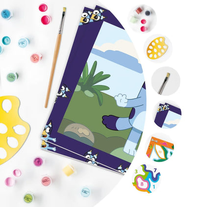 Complete Ravensburger CreArt Bluey set met verf, kwast en schilderplaten, ideaal voor knutsel ideeën thuis.