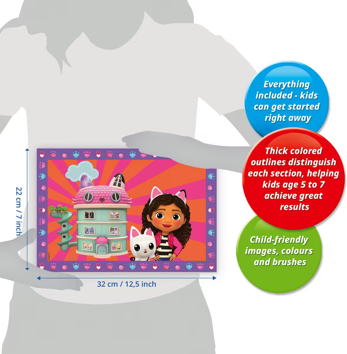 Uitleg formaat Ravensburger CreArt Gabby’s Dollhouse schilderplaten 32x22 cm met tips, geschikt om met kinderen te knutselen.