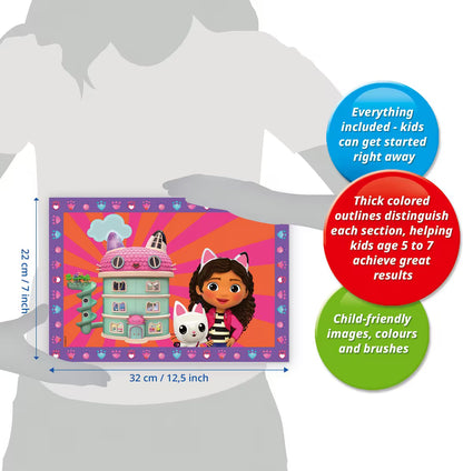 Uitleg formaat Ravensburger CreArt Gabby’s Dollhouse schilderplaten 32x22 cm met tips, geschikt om met kinderen te knutselen.