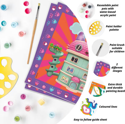 Inhoud Ravensburger CreArt Gabby’s Dollhouse met verfpotjes, schilderplaten, kwast en palet, ideaal voor leuke dingen om te knutselen.