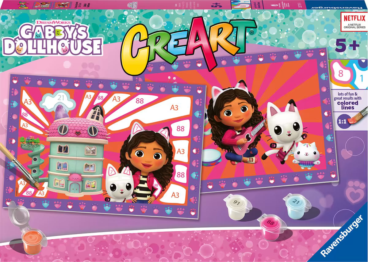 Voorkant verpakking Ravensburger CreArt Gabby’s Dollhouse knutselset met Gabby en kattenfiguren, ideaal knutsel idee.