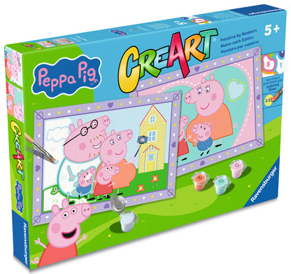 Ravensburger CreArt Peppa Pig verpakking voorkant met schilderen op nummer 5+, met kinderen knutselen