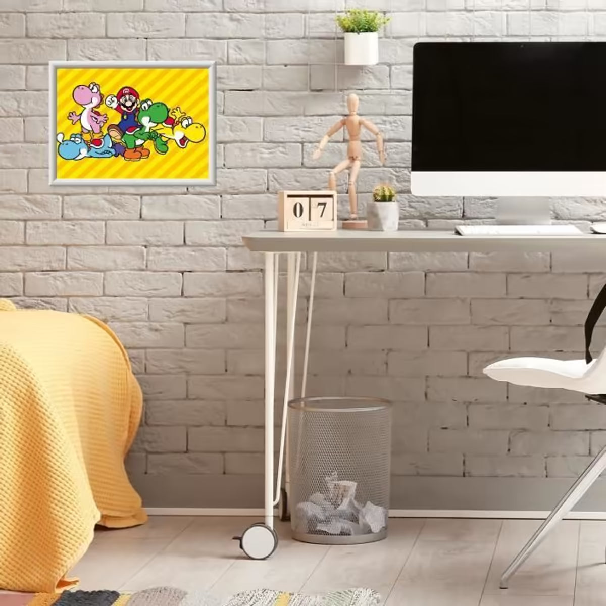 Ingelijst Super Mario schilderij met Mario en Yoshi’s aan de muur, Ravensburger CreArt decoratie en knutsel idee.