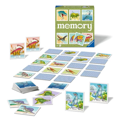 Uitgelegd Ravensburger dino memory spel met kleurrijke dinosaurus kaarten, educatief speelgoed voor kinderen.