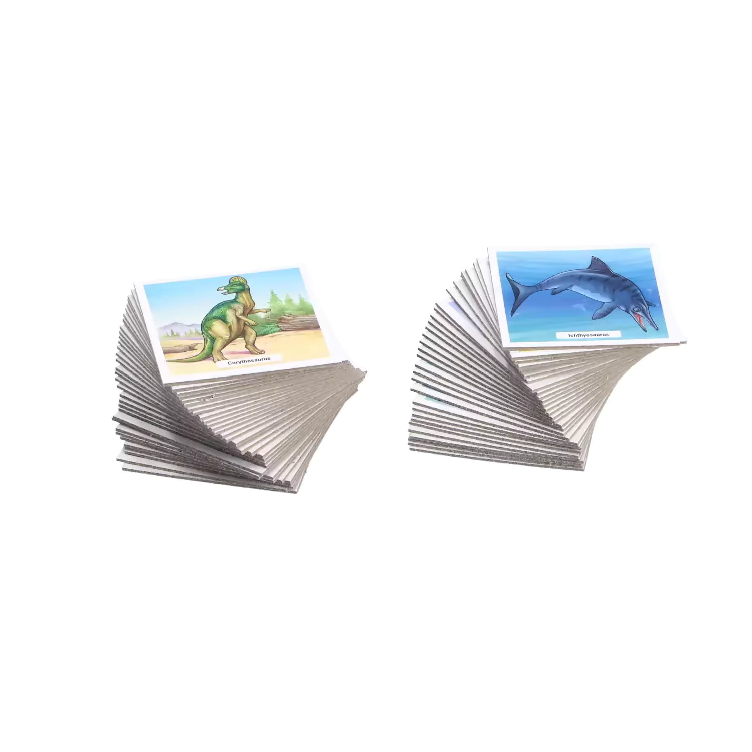 Stapel kleurrijke Ravensburger dinosaurussen memory kaarten met illustraties van verschillende dino’s voor kinderen.