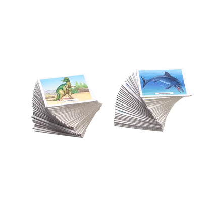 Stapel kleurrijke Ravensburger dinosaurussen memory kaarten met illustraties van verschillende dino’s voor kinderen.