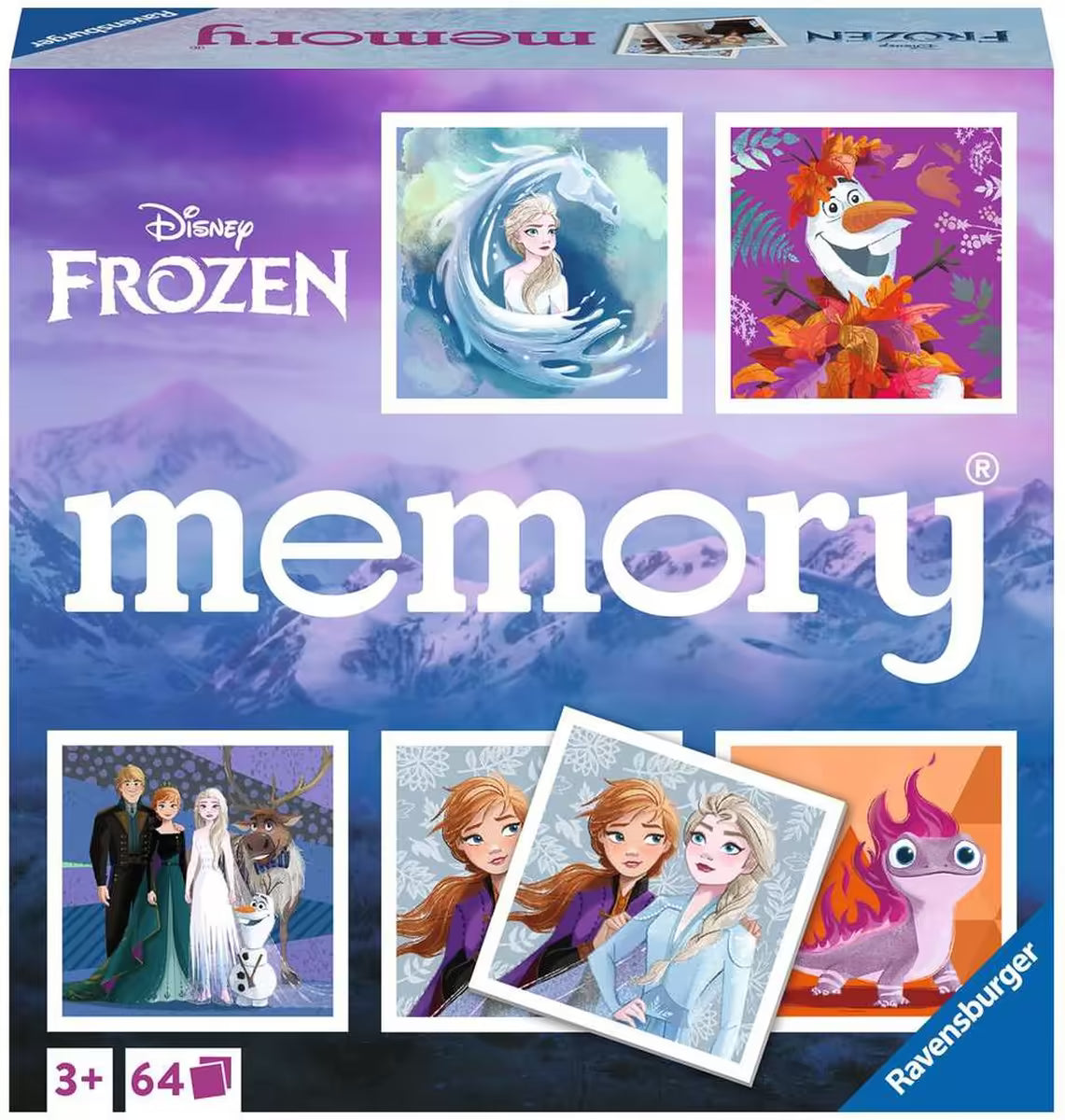 Ravensburger Frozen memory doos voorkant, kleurrijk en educatief speelgoed voor kinderen met Disney thema.