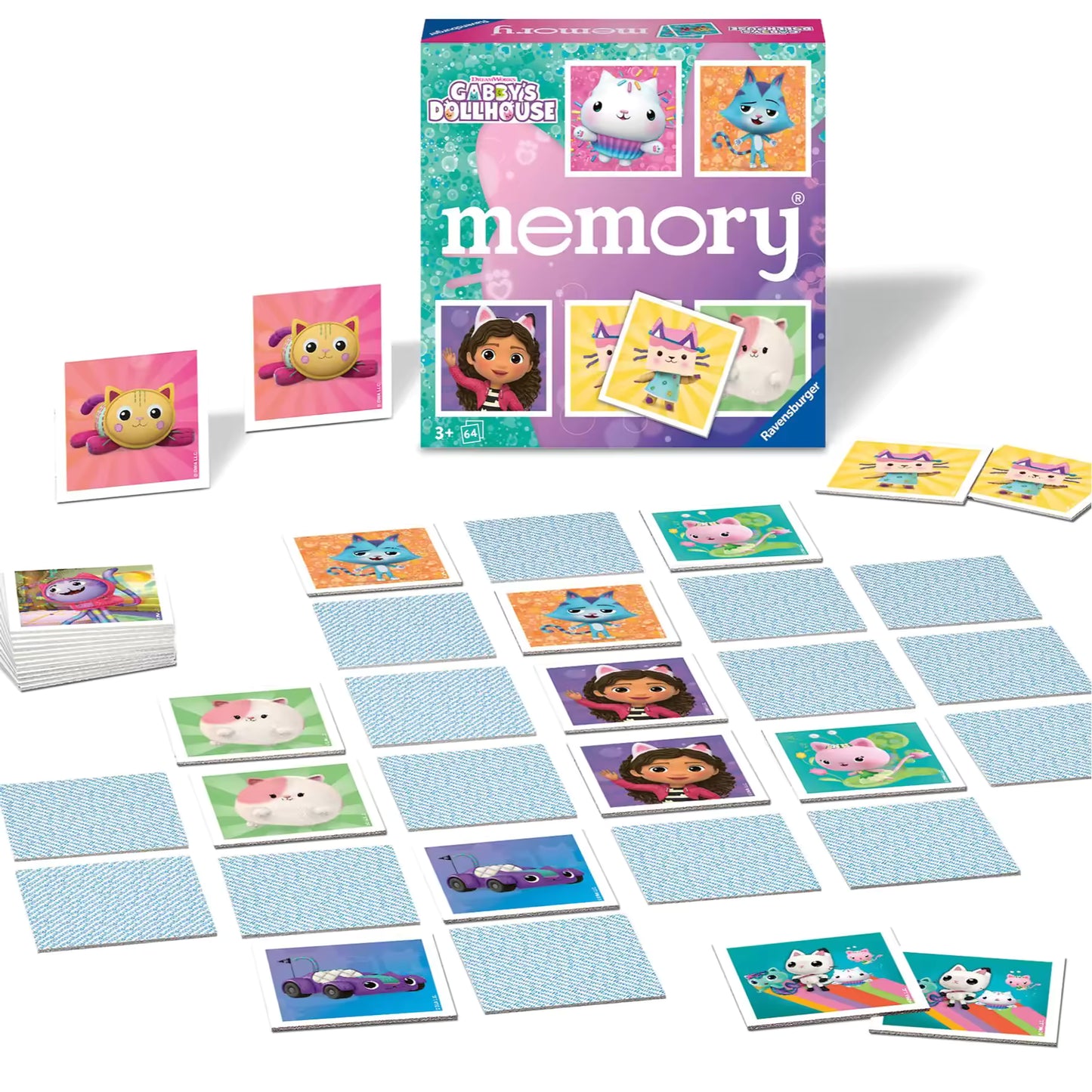 Complete Ravensburger Gabby’s Dollhouse memory set met speelkaarten en doos, leuk educatief speelgoed voor jonge kinderen.
