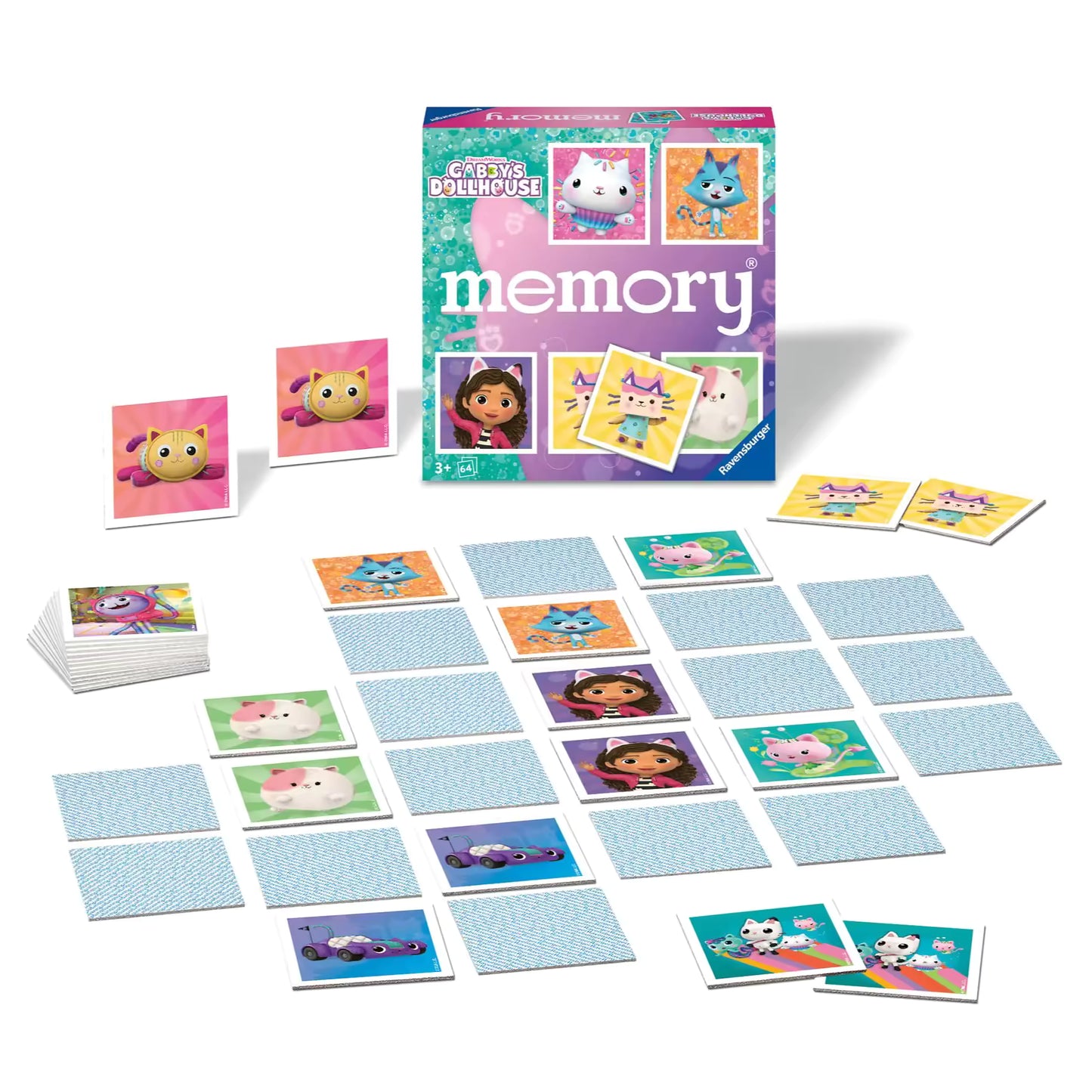 Overzicht van Ravensburger Gabby’s Dollhouse memory spel met doos, kaarten en speels opgestelde set voor peuters en kleuters.