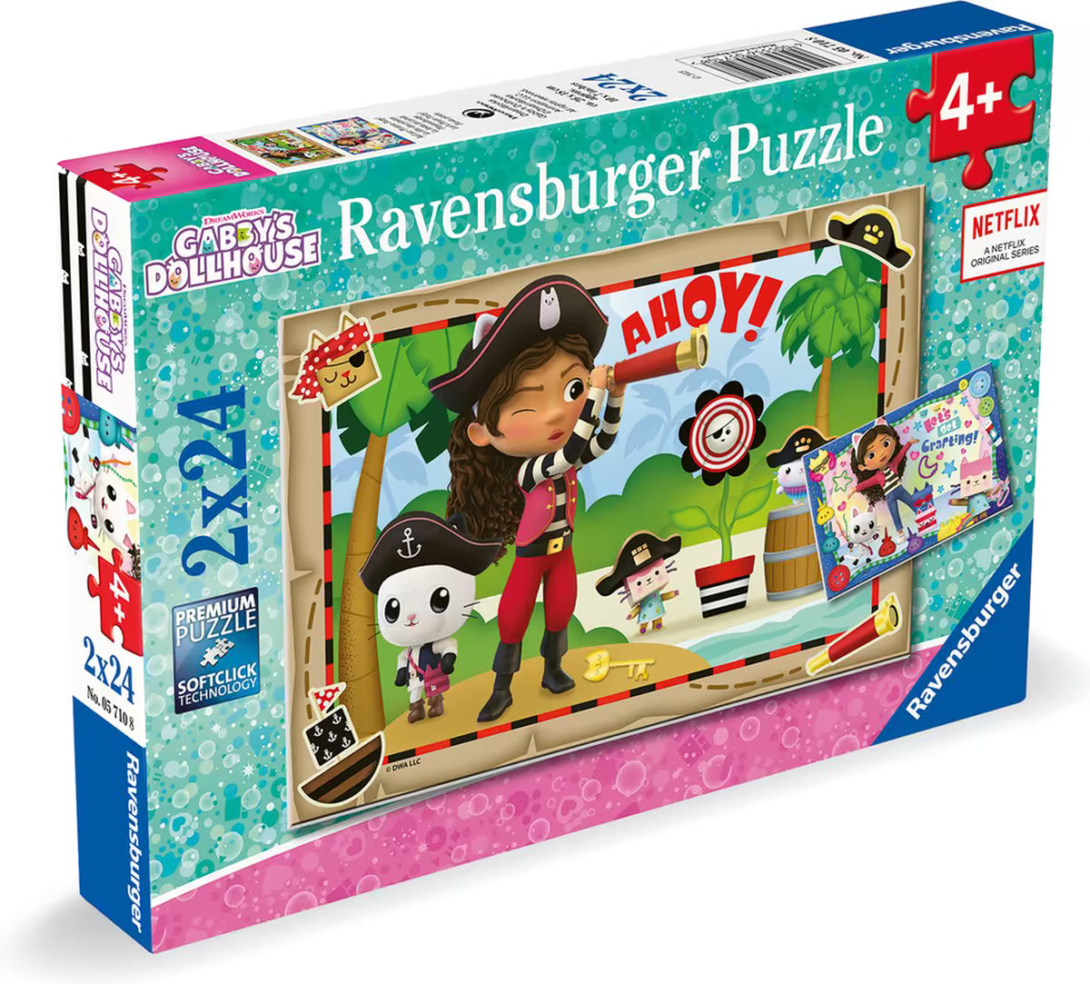 Schuine productfoto Ravensburger puzzel Gabby’s poppenhuis 2x24pcs met piratenavontuur en kleurrijke kinderillustraties.