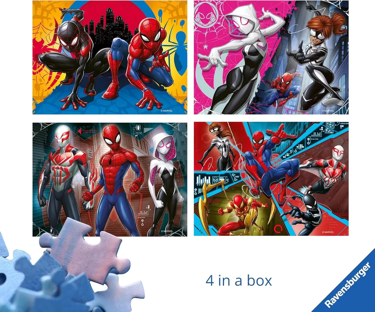 Overzicht van Ravensburger Marvel Spider-Man 4-in-1 puzzel met vier kleurrijke ontwerpen en superhelden.