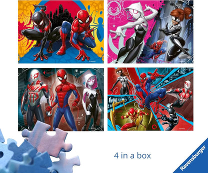 Overzicht van Ravensburger Marvel Spider-Man 4-in-1 puzzel met vier kleurrijke ontwerpen en superhelden.