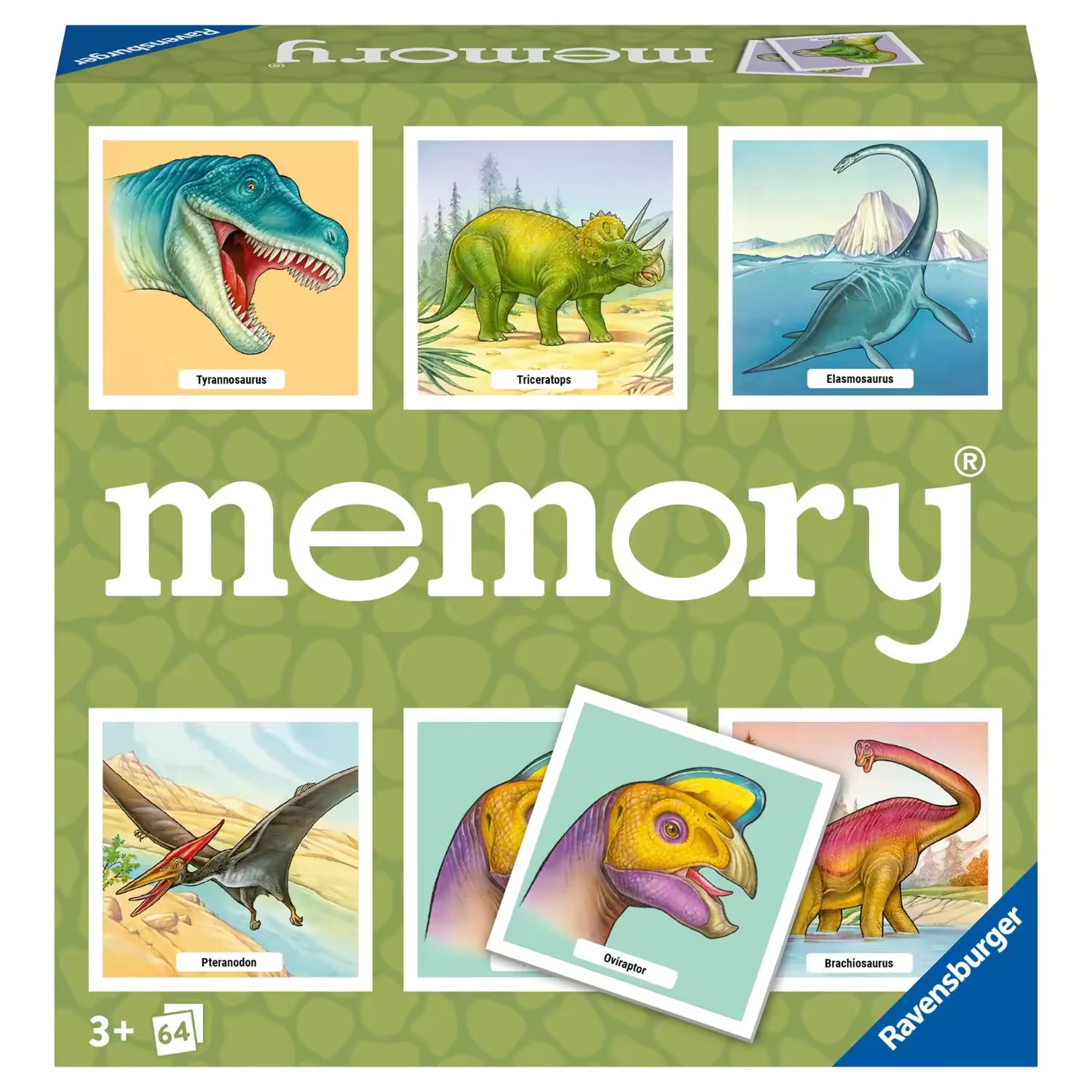 Voorkant verpakking Ravensburger memory spel met dinosaurussen, kleurrijke illustraties en geschikt educatief speelgoed.