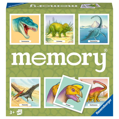 Voorkant verpakking Ravensburger memory spel met dinosaurussen, kleurrijke illustraties en geschikt educatief speelgoed.