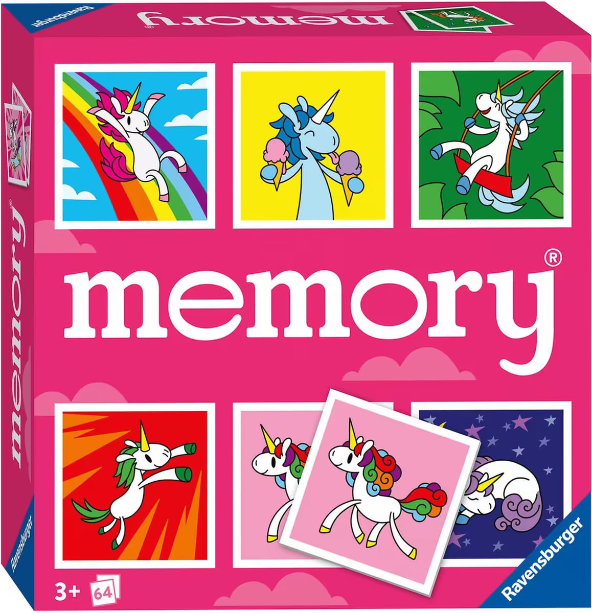 Ravensburger memory spel met vrolijke eenhoorn illustraties op doos, educatief en kindvriendelijk speelgoed vanaf 3 jaar.