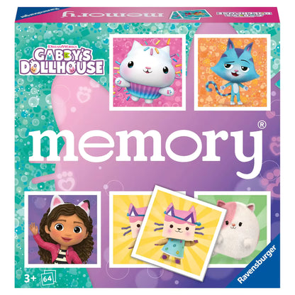 Voorkant van Ravensburger memory spel Gabby’s Dollhouse, kleurrijke doos met personages, perfect speelgoed voor kinderen vanaf 3 jaar.