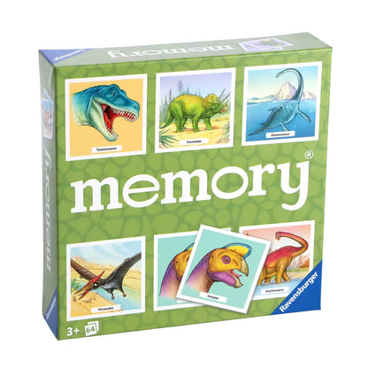 Ravensburger memory spel met dinosaurussen in groene doos, leuk dinosaurus speelgoed voor kinderen vanaf 3 jaar.