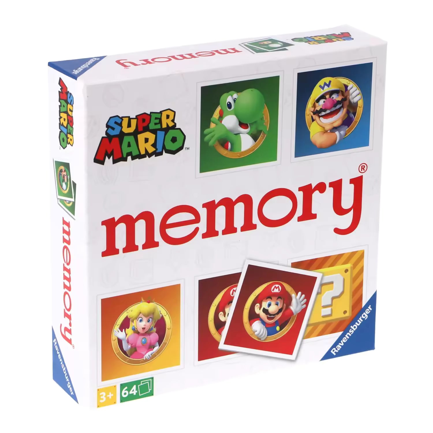 Schuin aanzicht van Ravensburger memory Super Mario doos, vrolijk kinderspel vol kleurrijke figuren, veilig voor peuters.