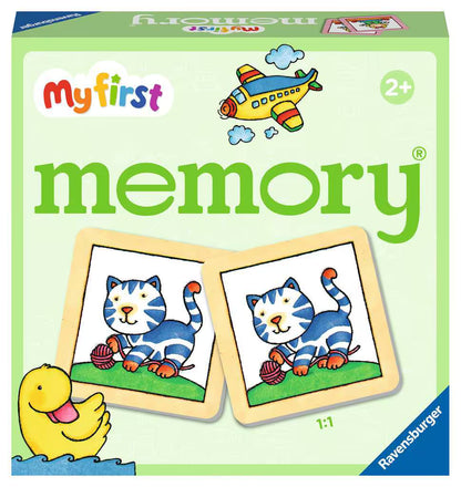 Voorkant van Ravensburger My first memory doos met kleurrijke kat-illustratie, perfect educatief speelgoed voor peuters.