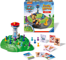 Complete spelinhoud van Ravensburger Paw Patrol Bunny Hop met speelbord, kaarten en kleurrijke speelfiguren voor kinderen.