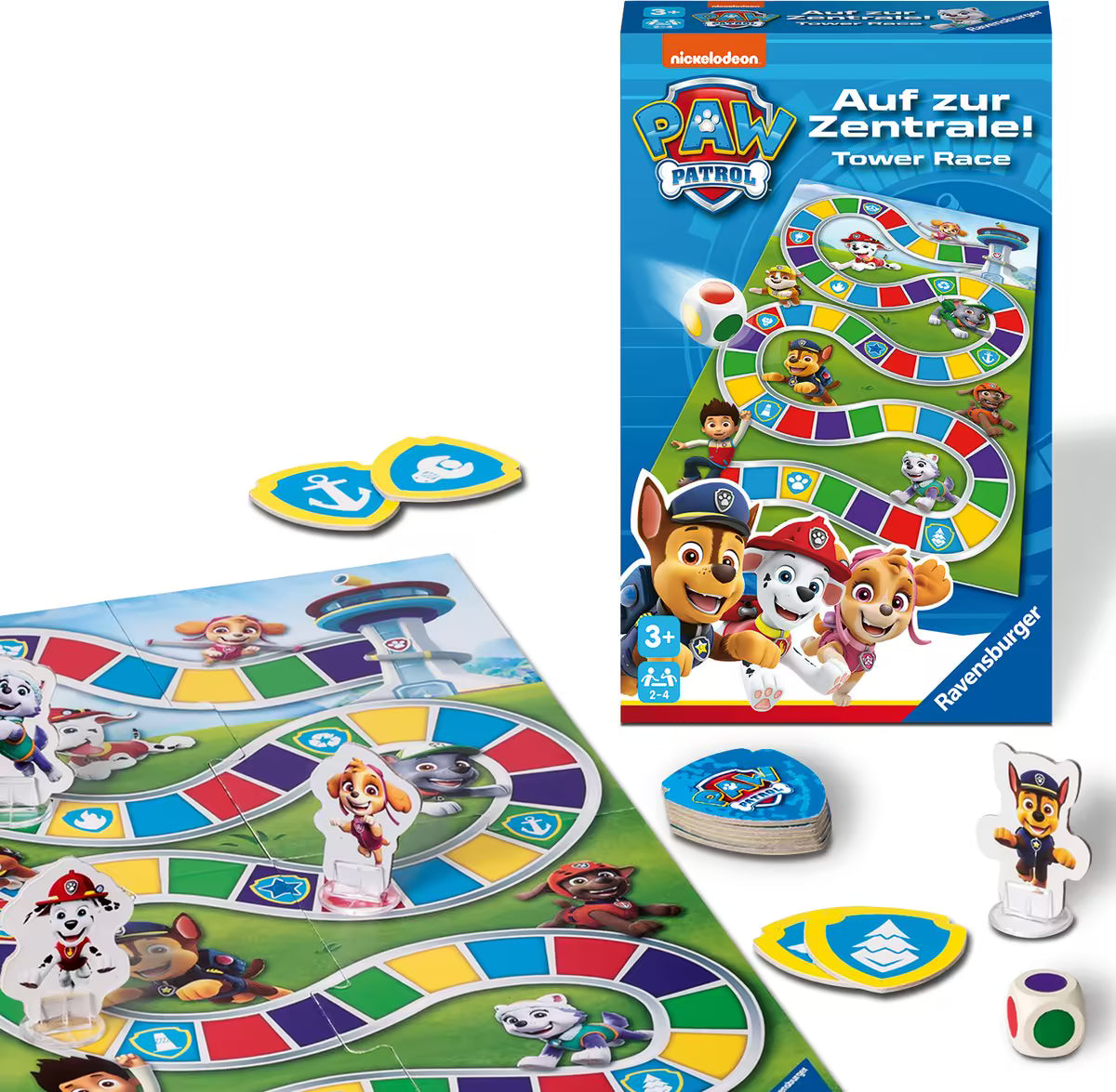 Detailfoto Ravensburger Paw Patrol Race the Tower, spelbord met pionnen van Chase, Marshall, Skye en Everest